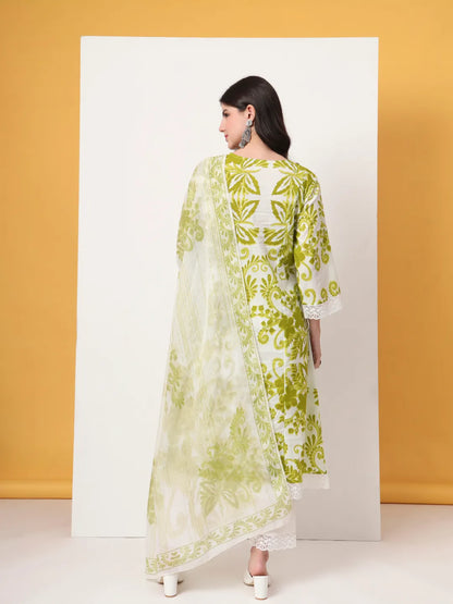Green Cotton A-Line Kurta Dupatta Pant Set