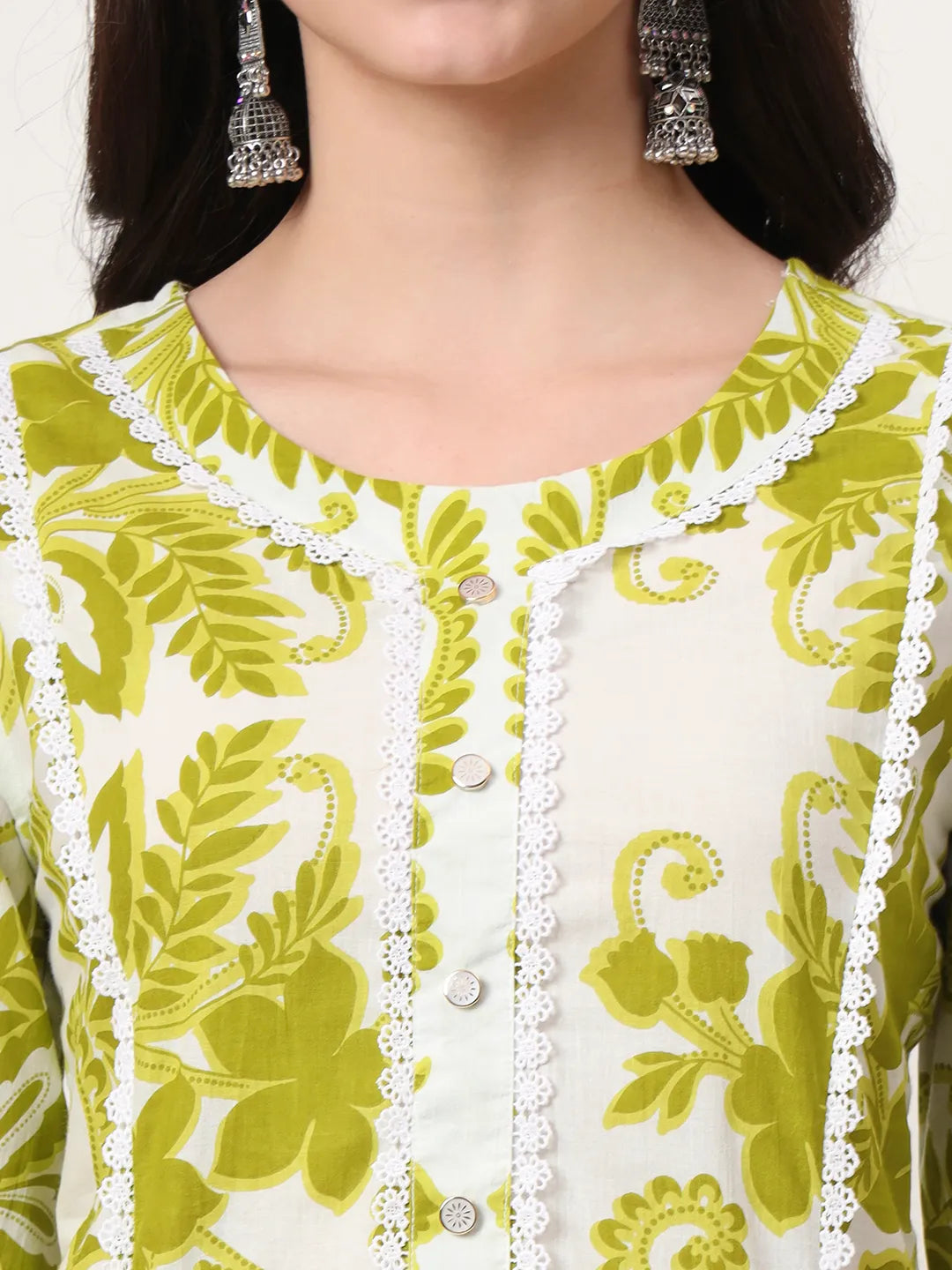 Green Cotton A-Line Kurta Dupatta Pant Set