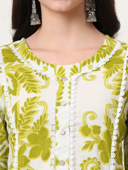 Green Cotton A-Line Kurta Dupatta Pant Set