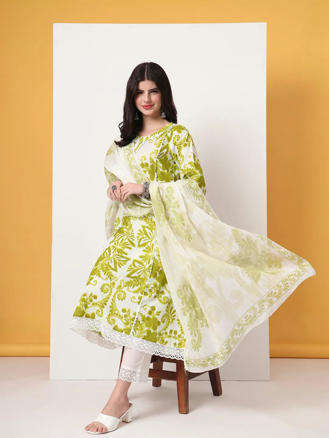 Green Cotton A-Line Kurta Dupatta Pant Set
