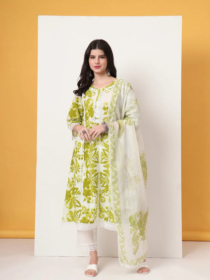 Green Cotton A-Line Kurta Dupatta Pant Set