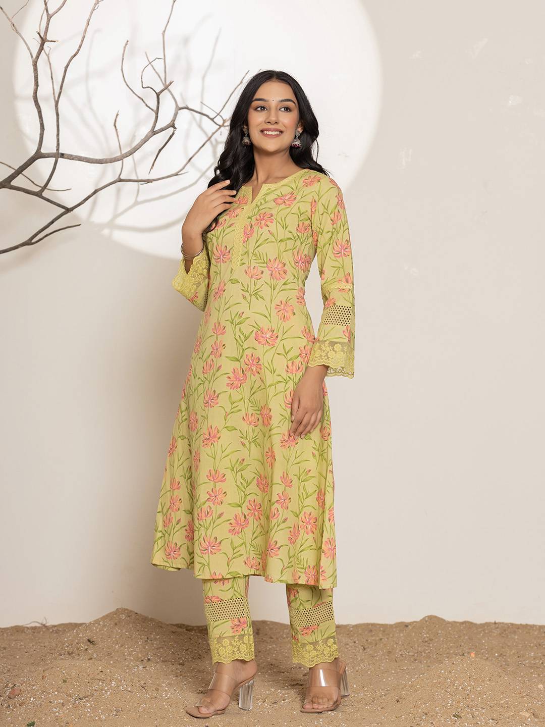 Green Cotton A Line Kurta Set