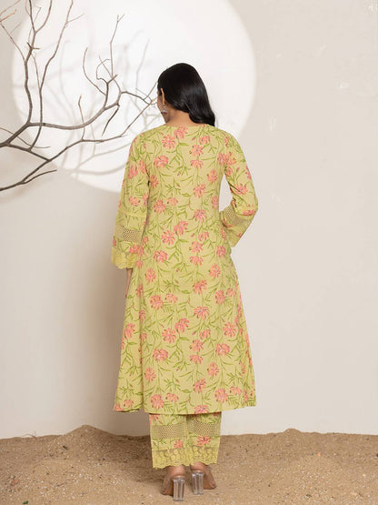 Green Cotton A Line Kurta Set