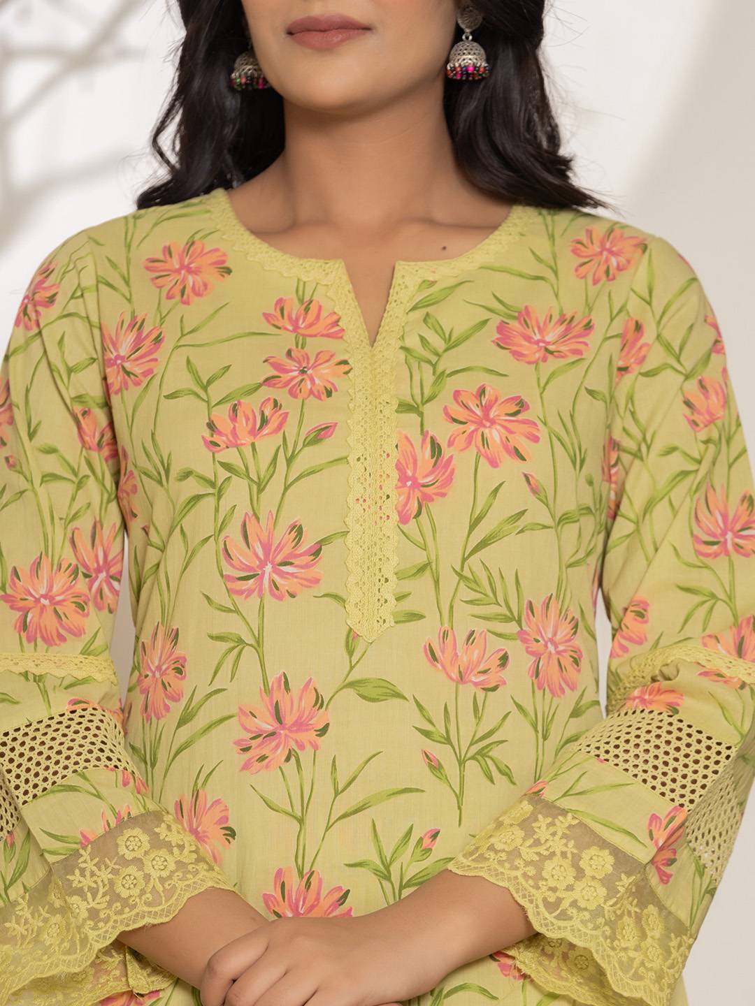 Green Cotton A Line Kurta Set