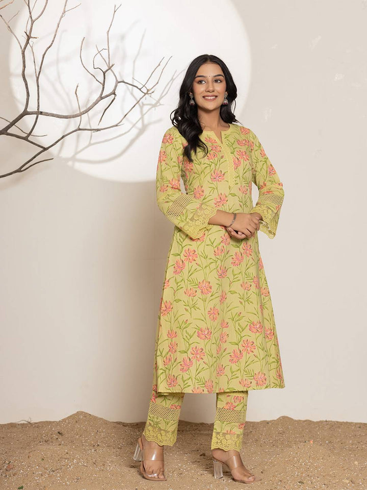 Green Cotton A Line Kurta Set