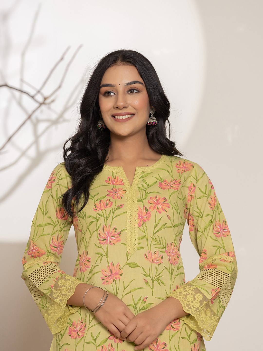 Green Cotton A Line Kurta Set