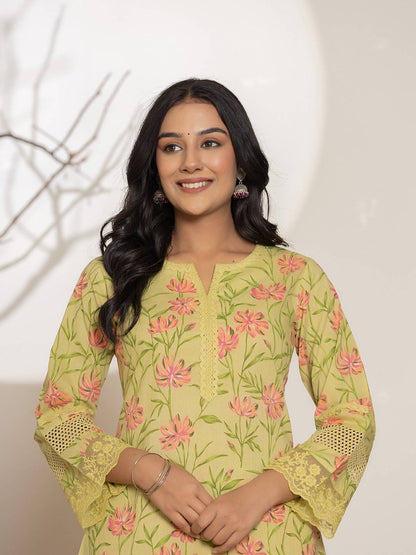Green Cotton A Line Kurta Set