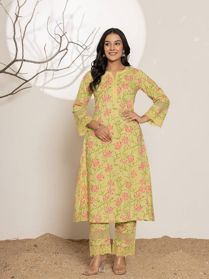 Green Cotton A Line Kurta Set