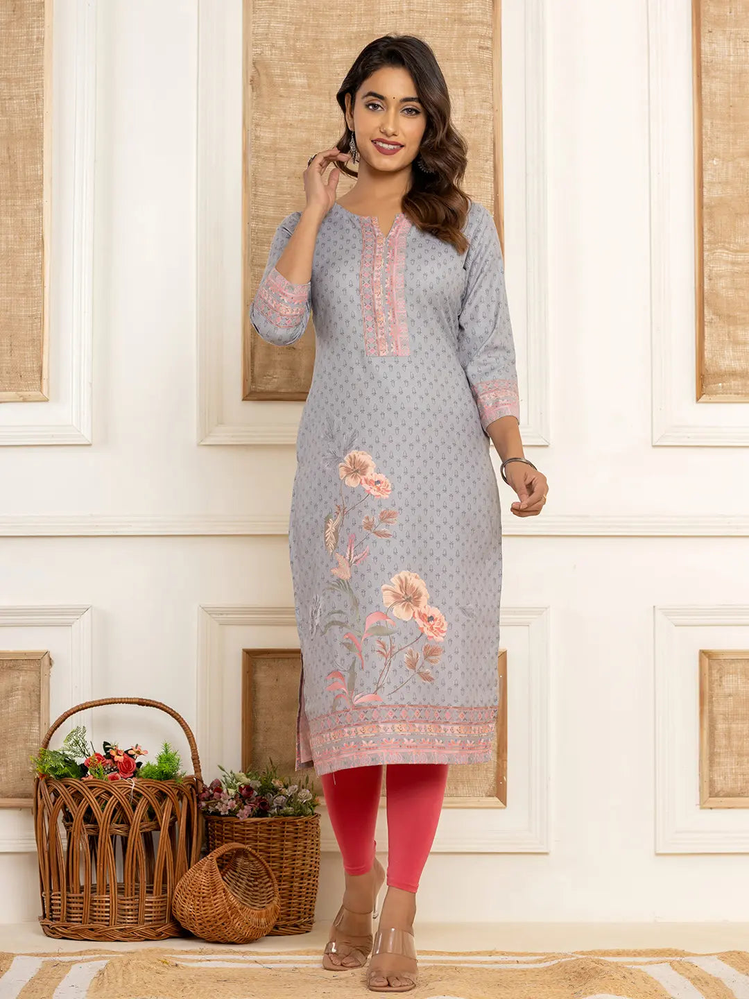 Green Cotton A Line Kurta With Digital Print