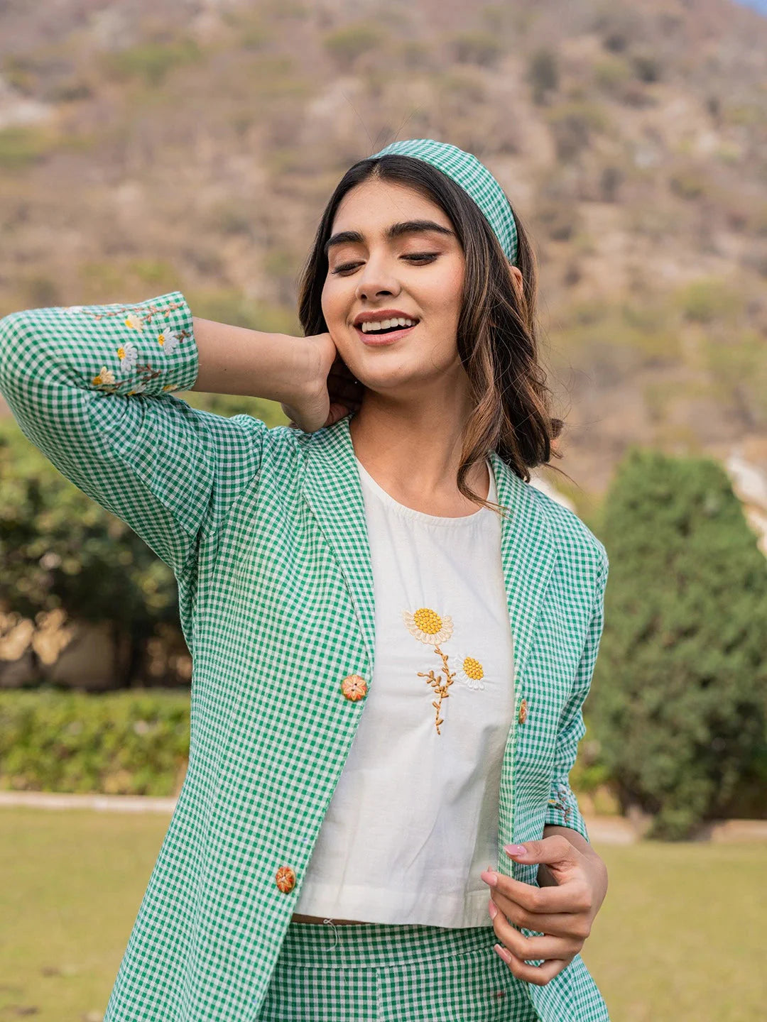 Green Cotton Checks Print Co Ord Set With Embroidery