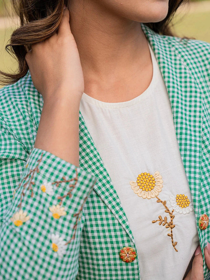 Green Cotton Checks Print Co Ord Set With Embroidery