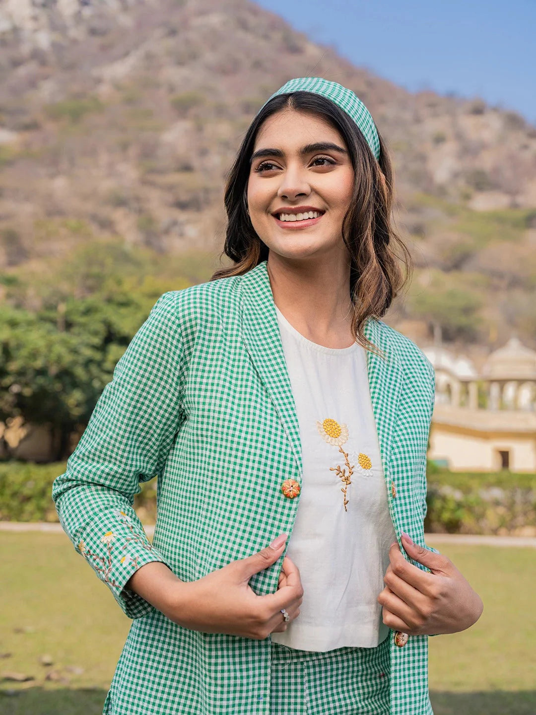 Green Cotton Checks Print Co Ord Set With Embroidery