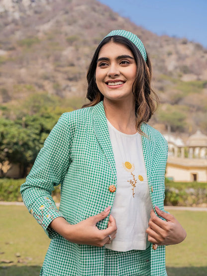 Green Cotton Checks Print Co Ord Set With Embroidery