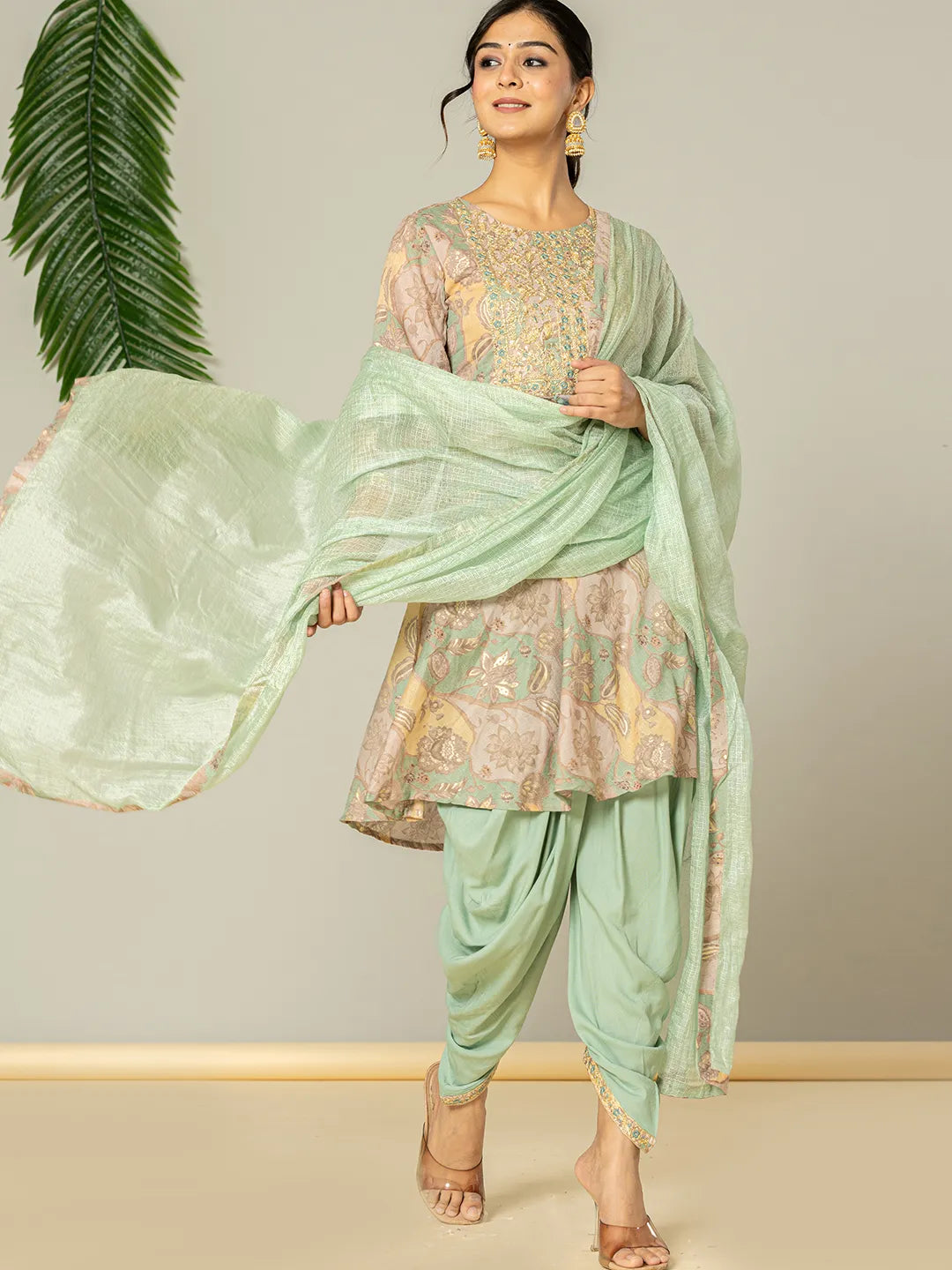 Green Cotton Embroidery A Line Kurta Dupatta Set