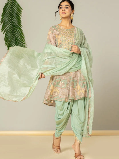 Green Cotton Embroidery A Line Kurta Dupatta Set