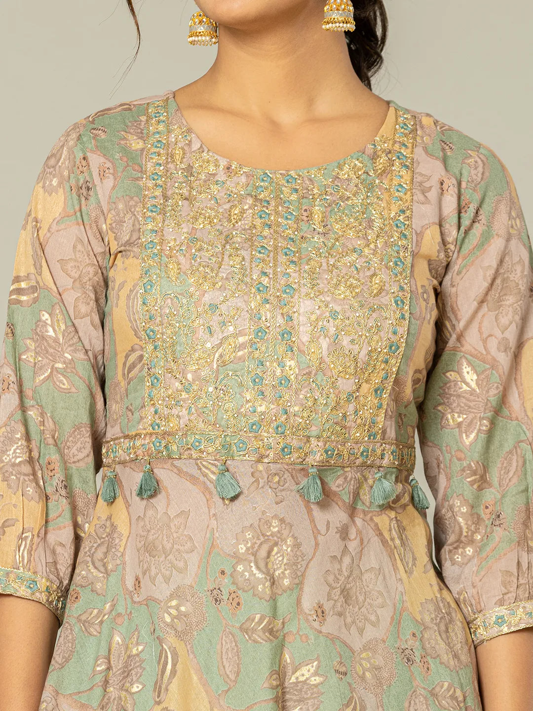 Green Cotton Embroidery A Line Kurta Dupatta Set