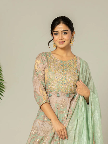 Green Cotton Embroidery A Line Kurta Dupatta Set