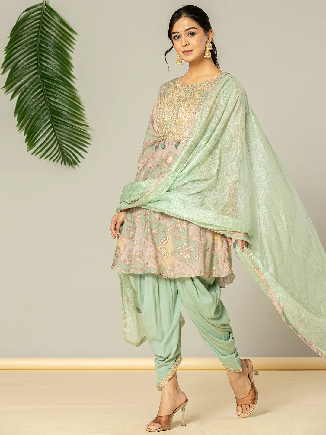 Green Cotton Embroidery A Line Kurta Dupatta Set