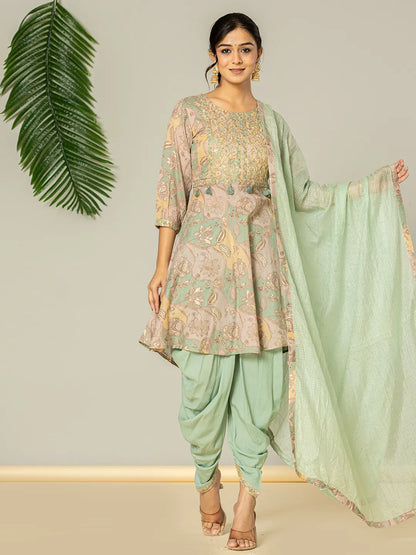 Green Cotton Embroidery A Line Kurta Dupatta Set
