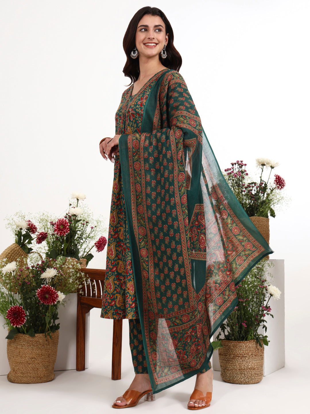 Green Cotton Flared Kurta Pant Dupatta Set