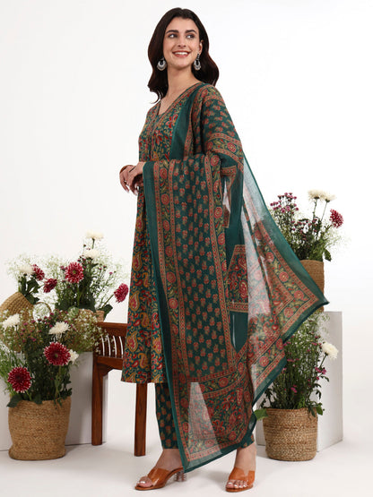 Green Cotton Flared Kurta Pant Dupatta Set