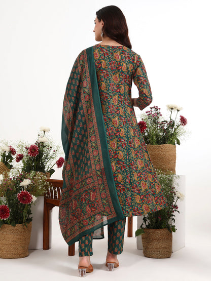 Green Cotton Flared Kurta Pant Dupatta Set