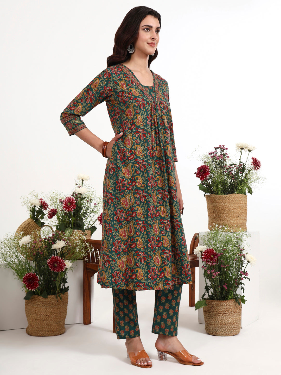 Green Cotton Flared Kurta Pant Dupatta Set
