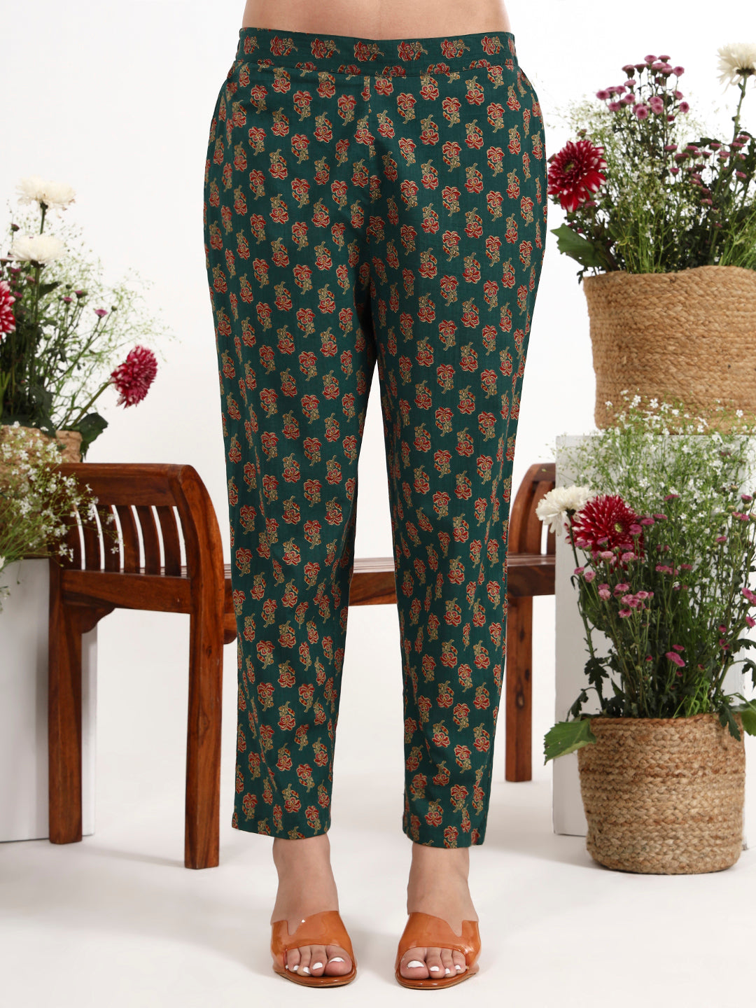 Green Cotton Flared Kurta Pant Dupatta Set