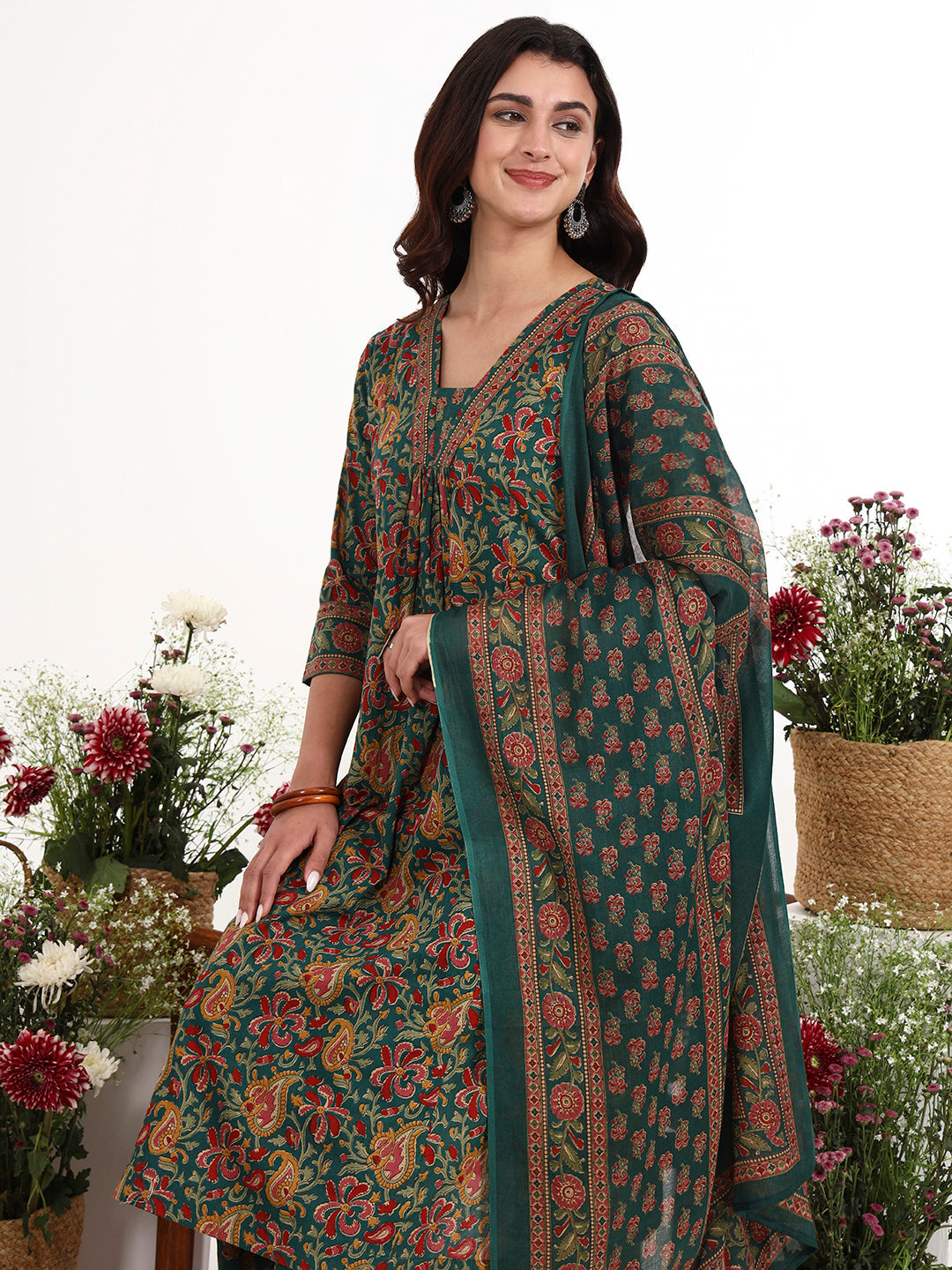 Green Cotton Flared Kurta Pant Dupatta Set