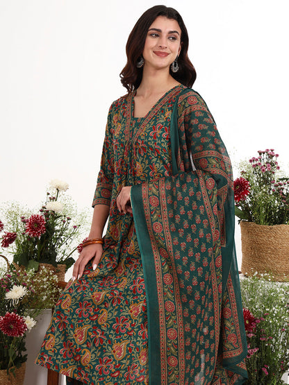 Green Cotton Flared Kurta Pant Dupatta Set