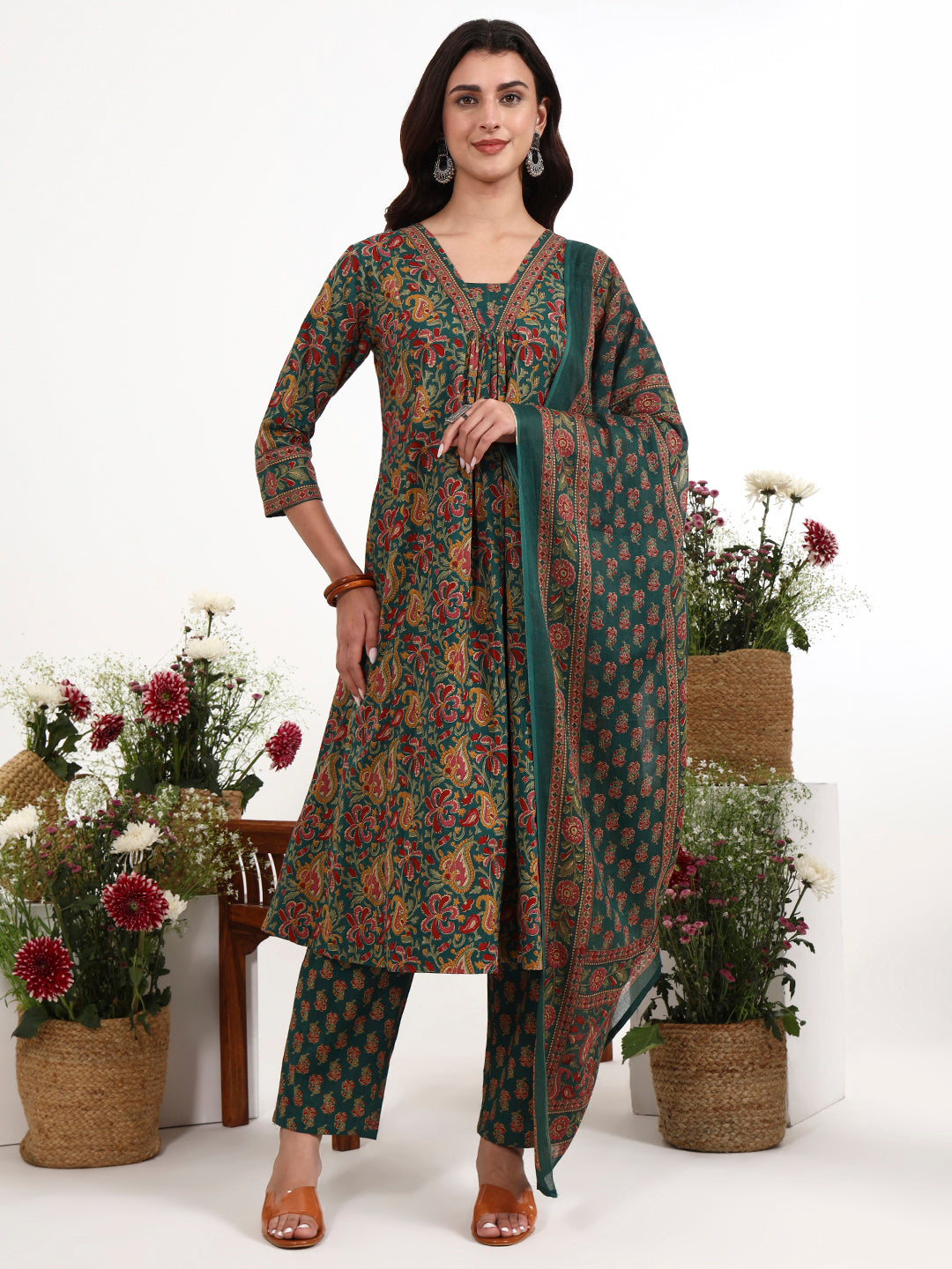 Green Cotton Flared Kurta Pant Dupatta Set