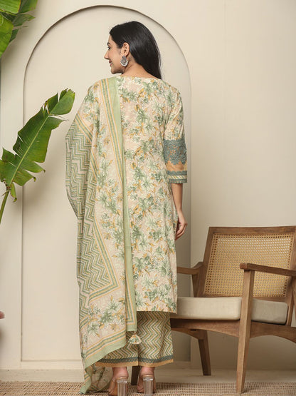 Green Cotton Floral Kurta Dupatta Set With Lace Detailing
