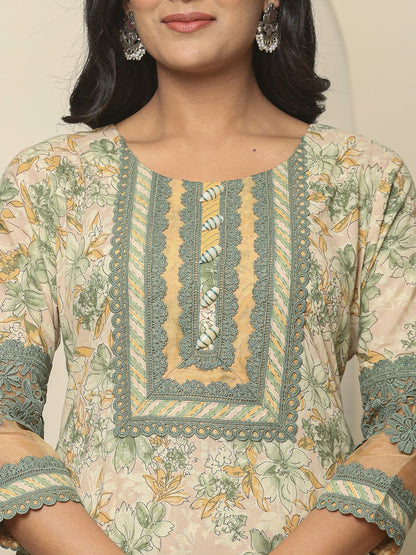 Green Cotton Floral Kurta Dupatta Set With Lace Detailing