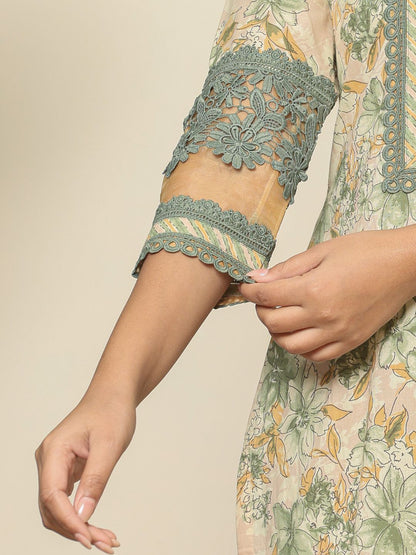 Green Cotton Floral Kurta Dupatta Set With Lace Detailing