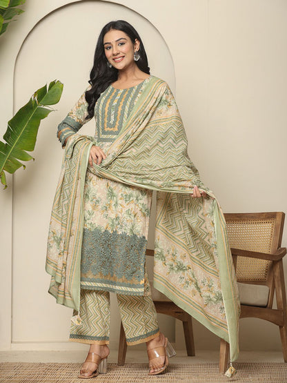 Green Cotton Floral Kurta Dupatta Set With Lace Detailing