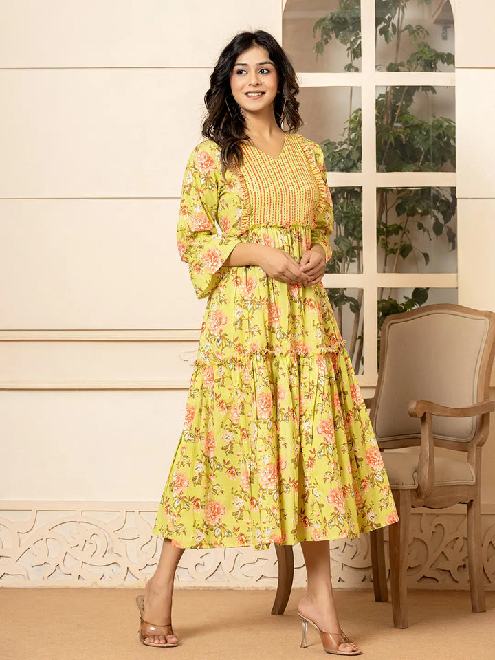 Green Cotton Floral Print Tiered Dress With Ruffles