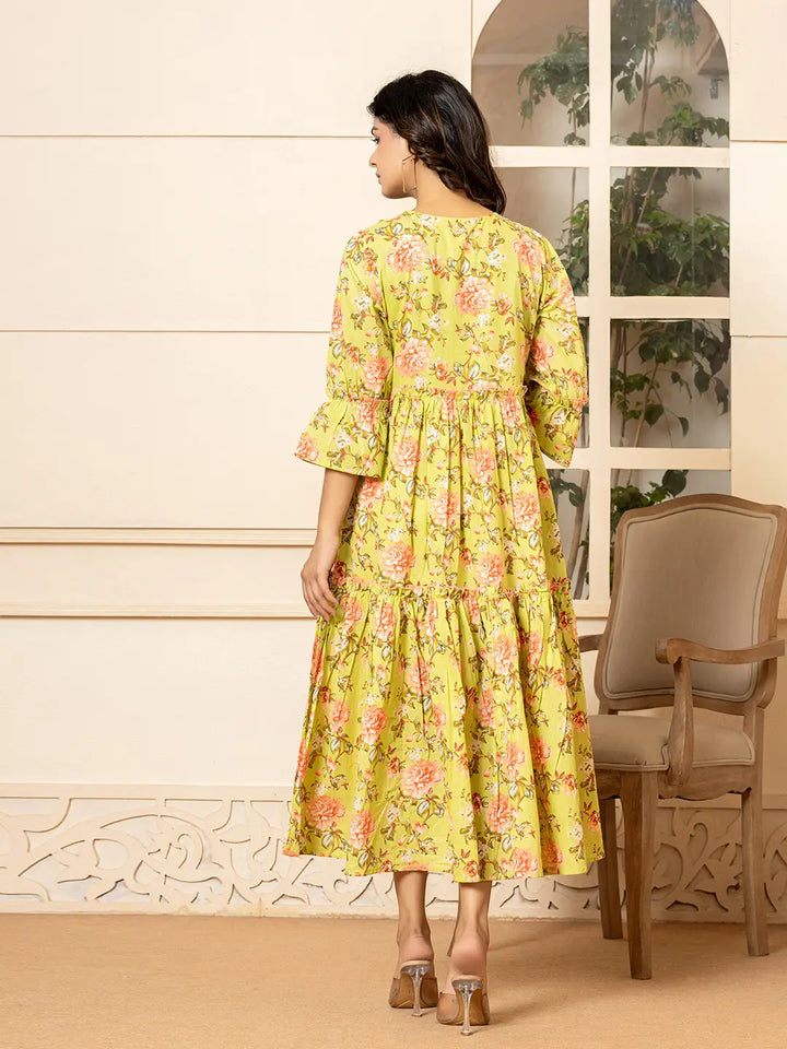 Green Cotton Floral Print Tiered Dress With Ruffles