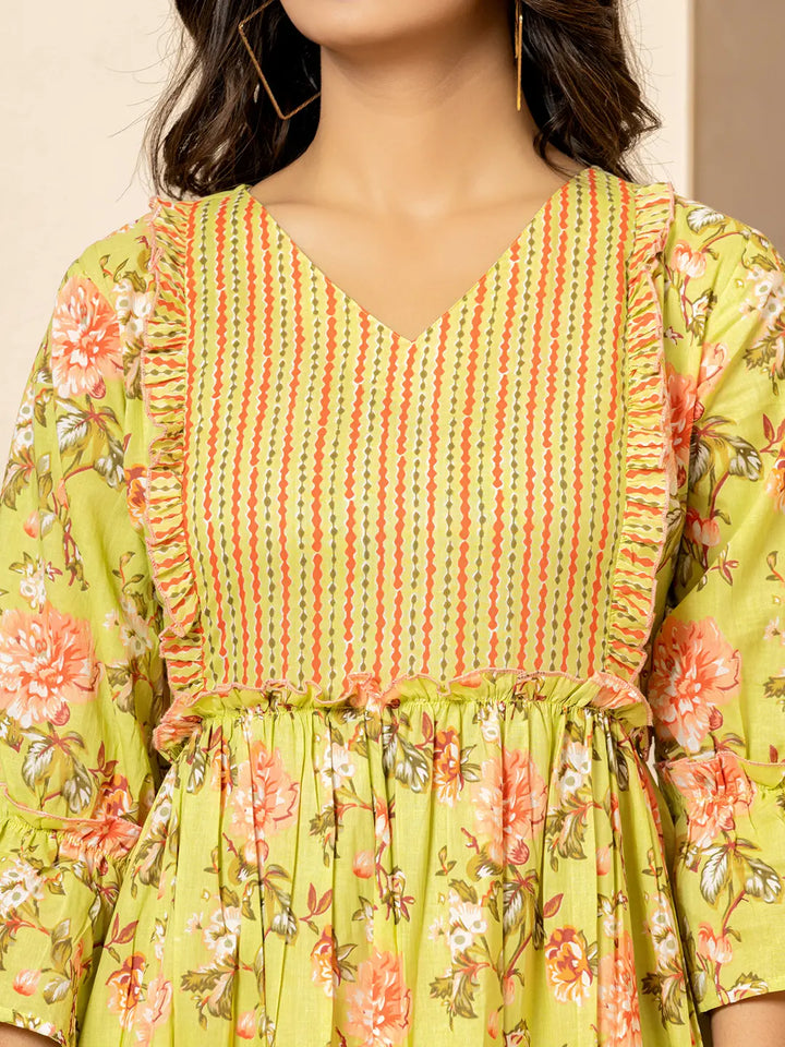 Green Cotton Floral Print Tiered Dress With Ruffles