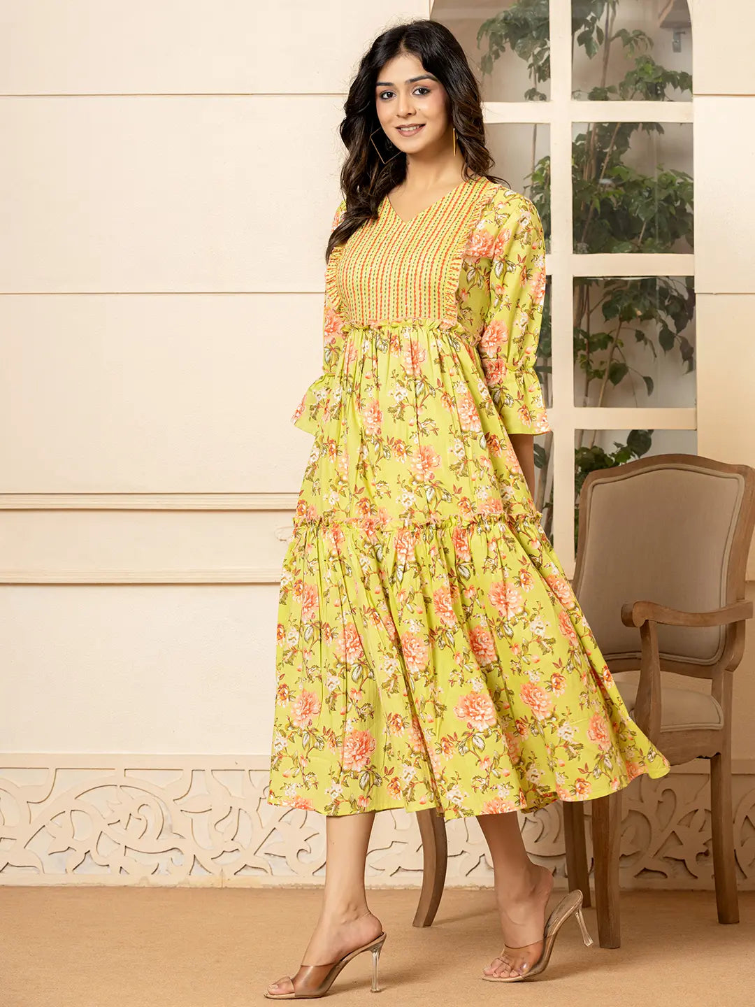 Green Cotton Floral Print Tiered Dress With Ruffles