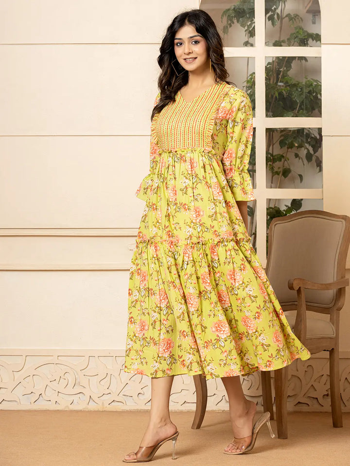 Green Cotton Floral Print Tiered Dress With Ruffles