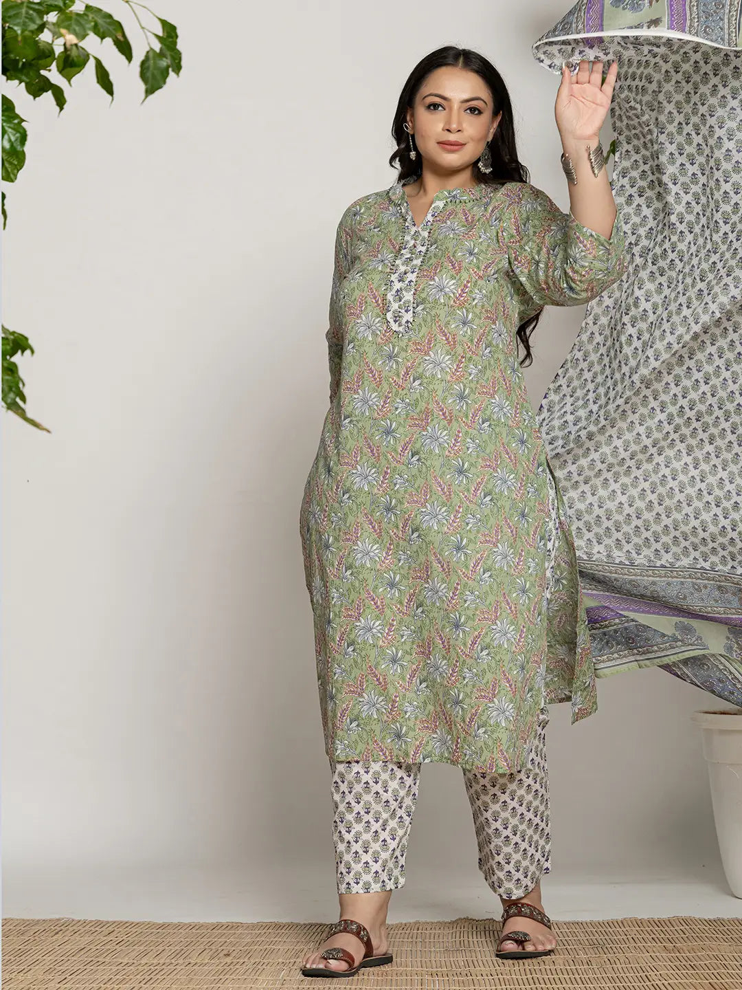 Green Cotton Green Plus Size Kurta Dupatta Pant Set