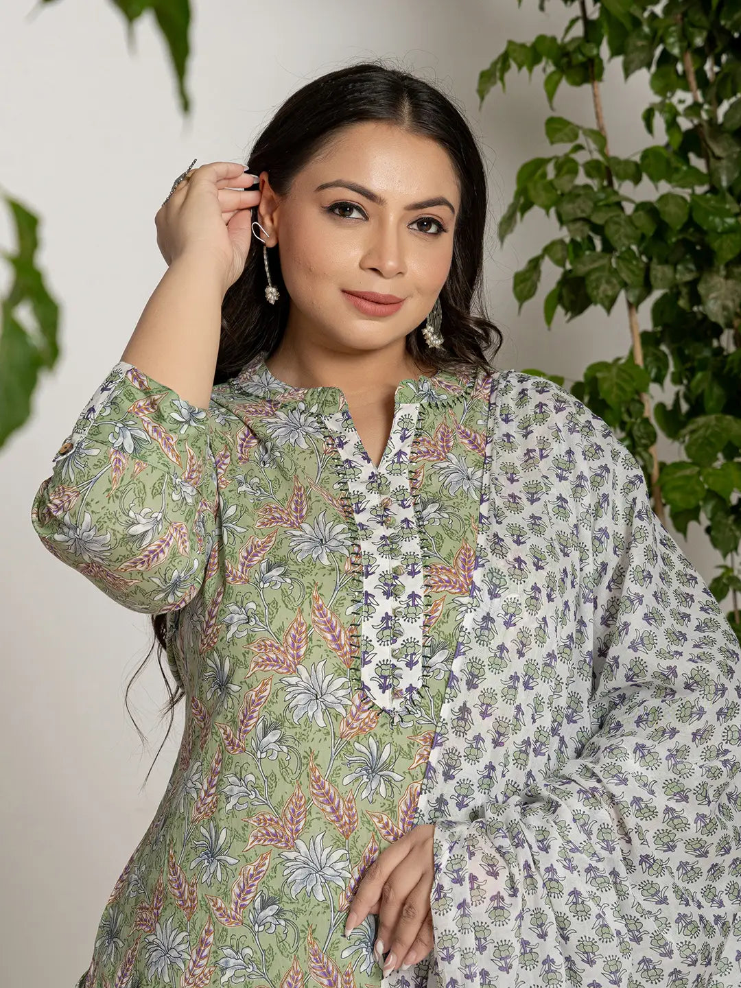 Green Cotton Green Plus Size Kurta Dupatta Pant Set