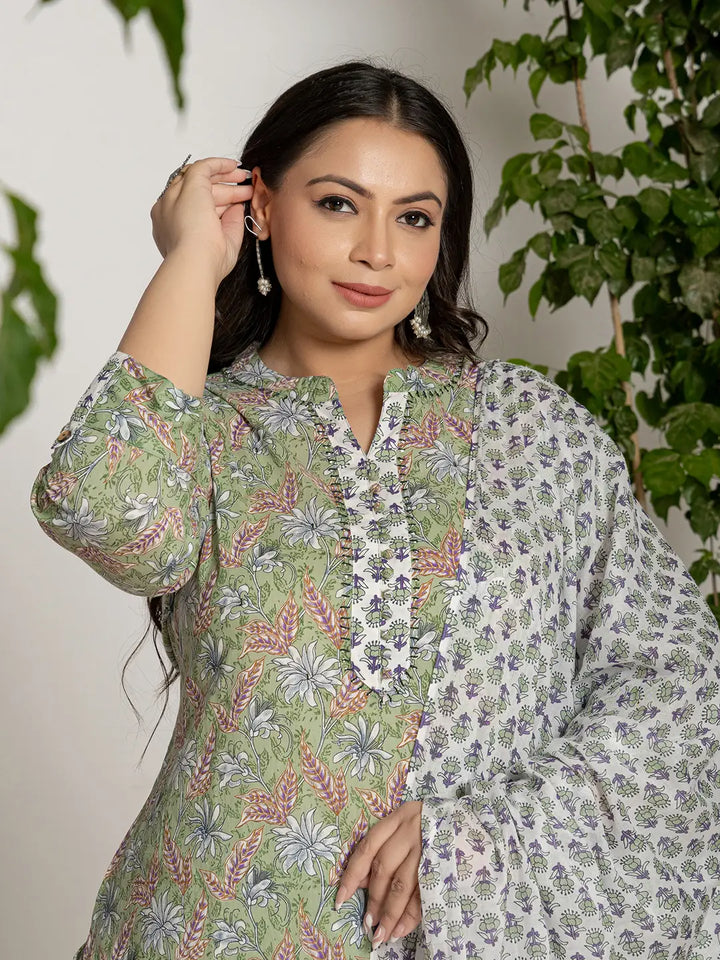 Green Cotton Green Plus Size Kurta Dupatta Pant Set