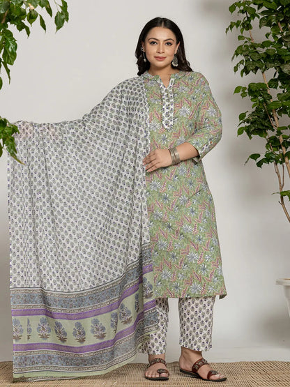 Green Cotton Green Plus Size Kurta Dupatta Pant Set