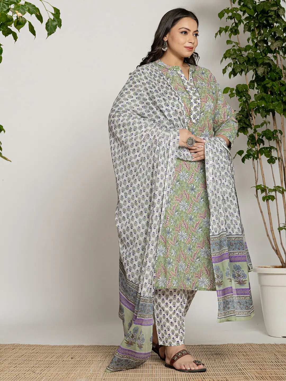 Green Cotton Green Plus Size Kurta Dupatta Pant Set