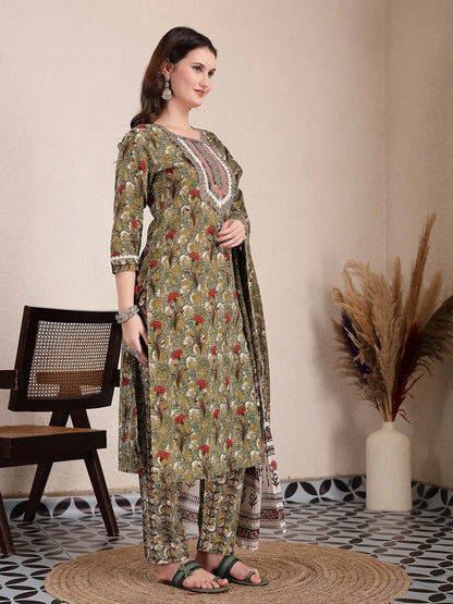 Green Cotton Lace Work On Yoke Straight Kurta Dupatta Pant Set