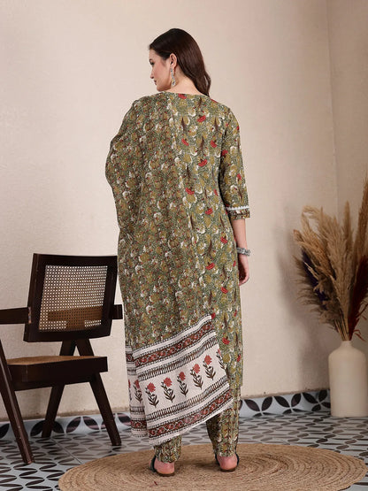 Green Cotton Lace Work On Yoke Straight Kurta Dupatta Pant Set