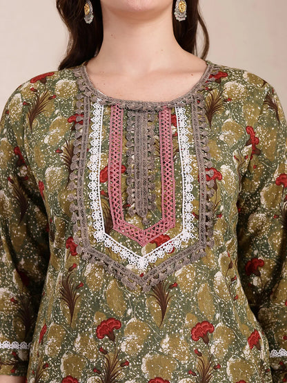 Green Cotton Lace Work On Yoke Straight Kurta Dupatta Pant Set