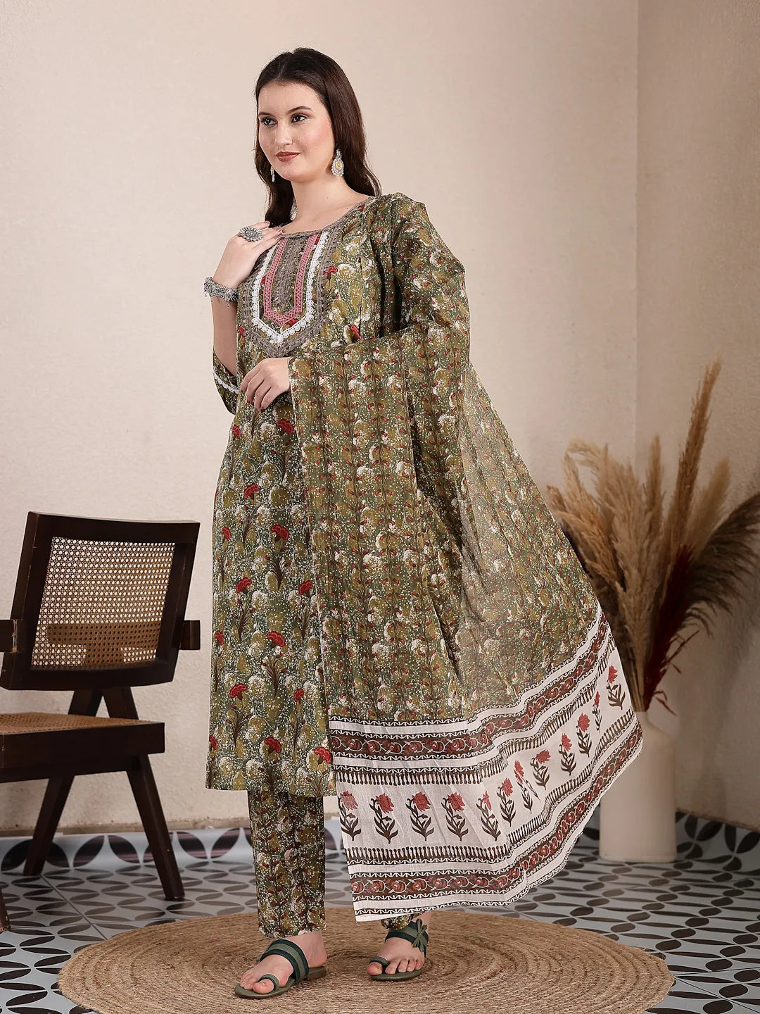 Green Cotton Lace Work On Yoke Straight Kurta Dupatta Pant Set