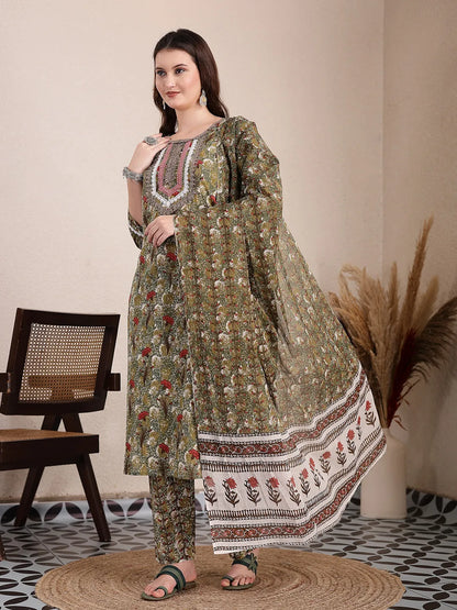 Green Cotton Lace Work On Yoke Straight Kurta Dupatta Pant Set